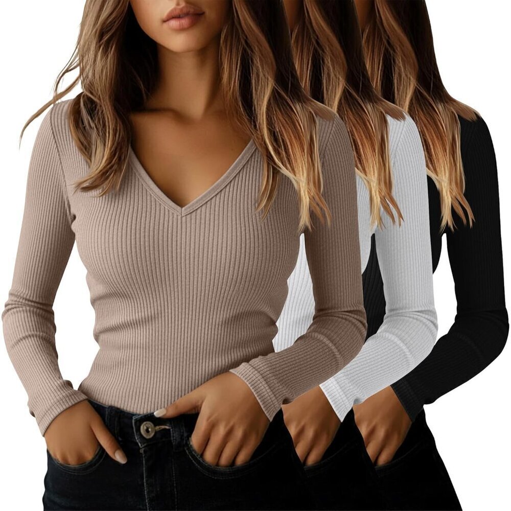 Women's Long Sleeve Cotton V Neck Tops 3 Pack Slim Fit Casual Layering